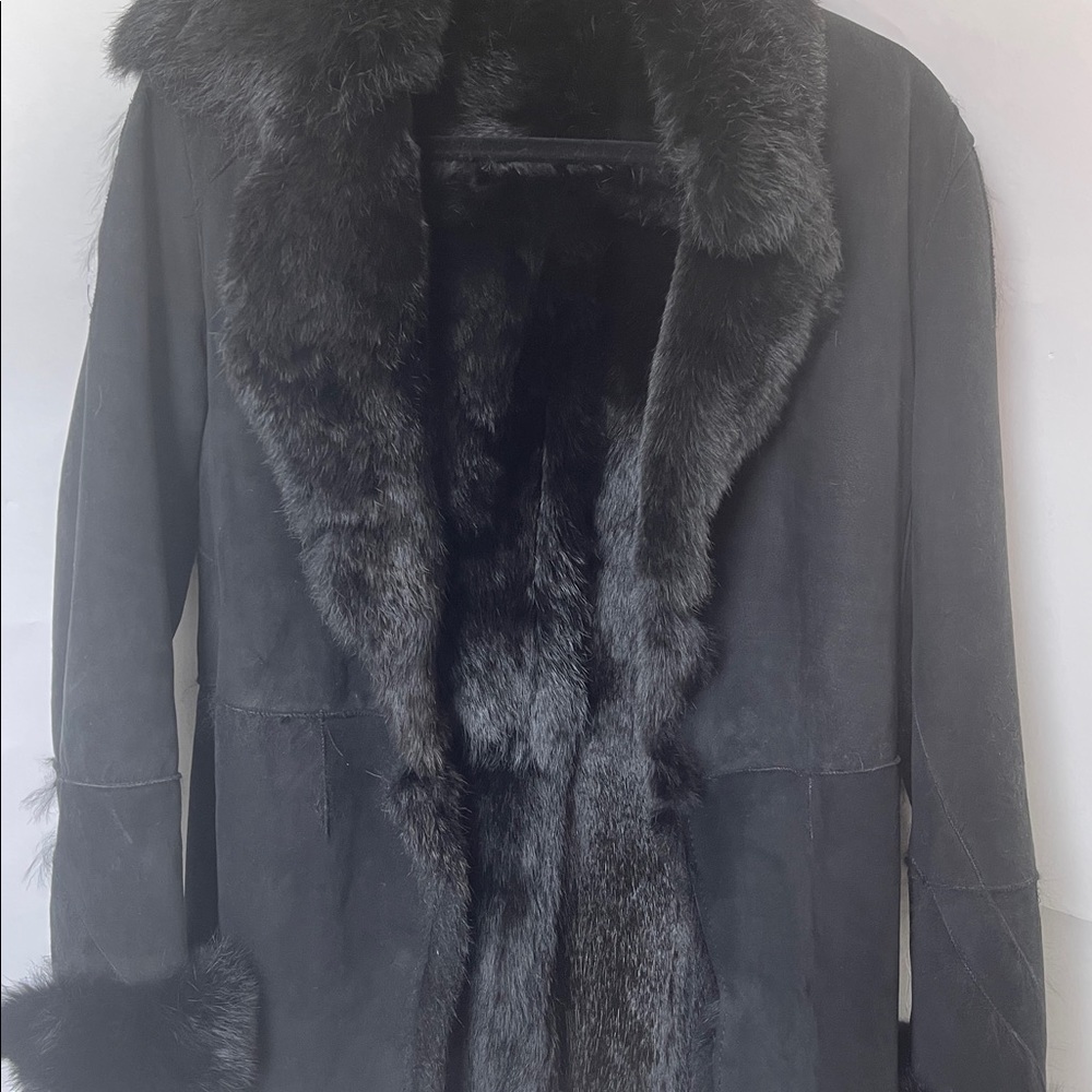 Suede lambskin leather coat with rabbit fur
